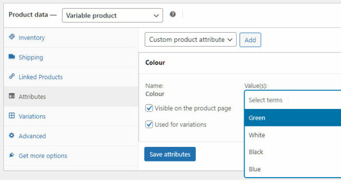 As the attributes we created earlier are store-wide, we can now select the attribute values that are relevant for this product, as not all attributes or attribute values that you have created will be used on all your products. Select each attribute value you wish to use in the Value Box. Check the ‘Used for variations’ checkbox, as we will be creating variations for all the different T shirt colours.

We will complete the variation configuration on the next step